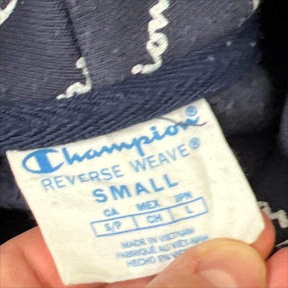 Champion Reverse Weave All Over Print Hoodie Blue White Small - Picture 5 of 12